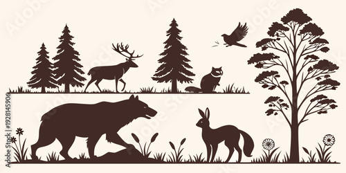A bear and other animals in a forest with a full moon in the background Vector