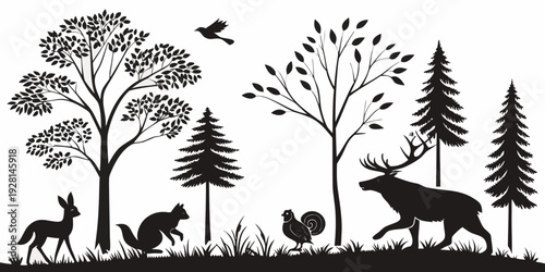 A serene forest scene with various animals and birds enjoying nature's tranquility. Vector