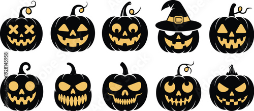 Collection of ten black and gold Halloween pumpkin faces with various expressions and a witch hat