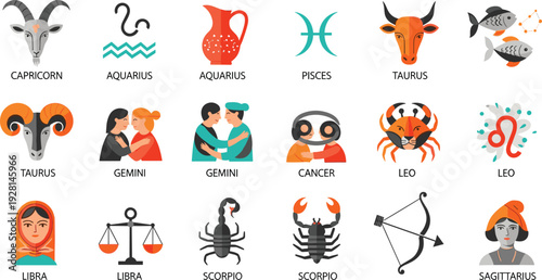 Zodiac signs vector collection with colorful horoscope symbols and astrology icons for birth chart and horoscope design