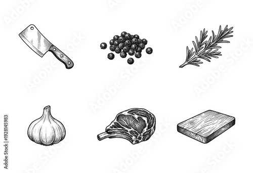 Vintage hand drawn engraving style butchery and cooking set including meat cleaver garlic rosemary peppercorns ribeye steak and wooden cutting board