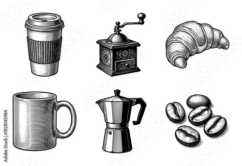 Vintage style engraving collection of coffee shop elements including moka pot grinder beans and croissant in black and white line art