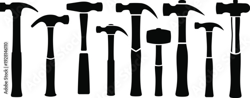 Collection of various black and white hammer tools with different head shapes and handle lengths silhouette