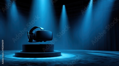 A sleek black VR headset floats above a stage, illuminated by blue spotlights. Dramatic lighting