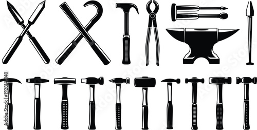 Blacksmith tools silhouette, hammer collection vector, construction equipment artwork, metalworking illustration, industrial tool design, vintage tool artwork, flat vector illustration