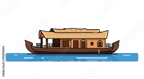 A detailed illustration depicts a traditional kerala houseboat floating on water presented as a silhouette high quality professional modern elegant stylish