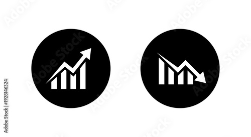 Uptrend and downtrend graph icon in black circle. Growth and drop chart symbol. Market movement sign