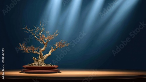 A spotlight shines on an aged, delicate bonsai tree sitting on a wooden stand against a blue background