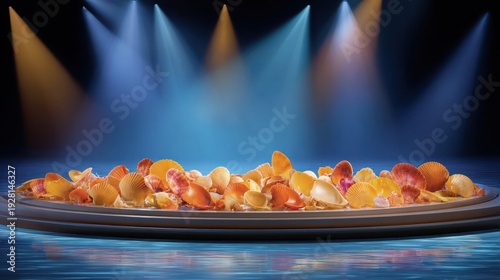 A stage lit by spotlights showcasing vibrant orange and yellow petals on a circular platform