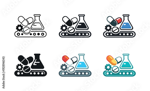 Healthcare Icons Grid. Healthcare manufacturing icon portraying medicine forms and structured production tools unified into one