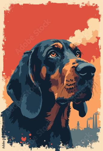 Basset Hound sorrowful, heavy eyes, depicted gritty charcoal ink style background features silhouettes industrial smokestacks dark grey composition is solemn weighty Blank area copy