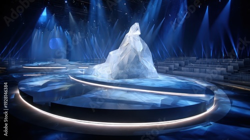 Large icy mountain centerpiece dominates a theater stage, bathed in blue and white lighting