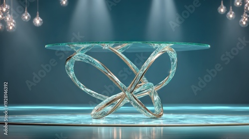 A modern, elegant glass table with a unique, intertwining, crystalline base, under soft lighting