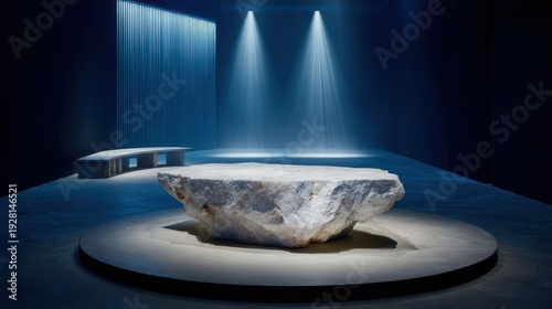 Large stone on a pedestal in a dim room with dramatic lighting and a bench