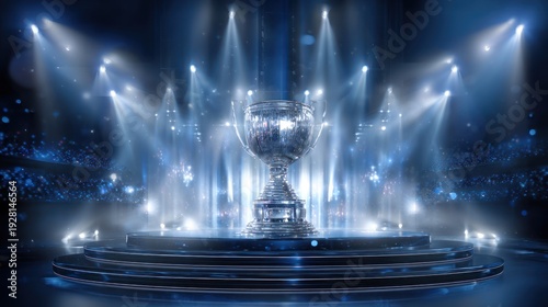 Illuminated crystal trophy on a tiered stage, surrounded by bright stadium lights and a cheering crowd