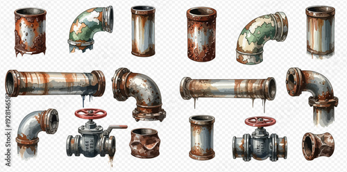 Set of rusty metal pipes, old plumbing elements with corrosion and damage, isolated on transparent background.