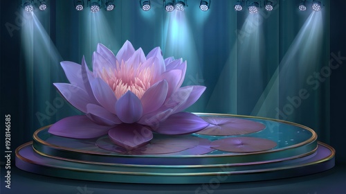 A luminous, ethereal lotus flower illuminated by spotlights, resting on a tiered, reflective platform