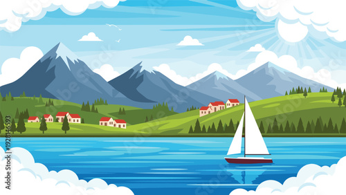 Peaceful alpine landscape with snow capped mountains a calm blue lake and a sailboat passing by a small village.