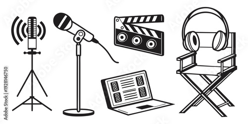 A person with headphones sitting in front of a laptop and a microphone. Vector