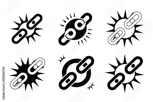 Vector graphic designs of six chain link icons in various dynamic poses with explosive effects