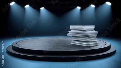 A stack of papers on a round stage, spotlit by multiple overhead lights, a blue hue