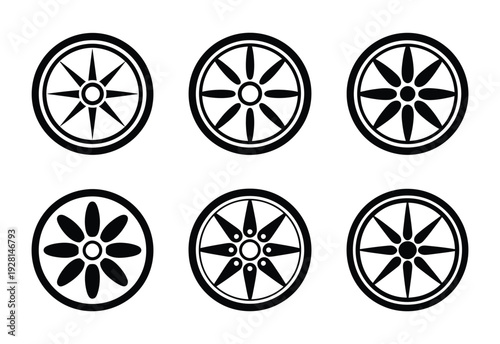 A vector of six different wheel designs arranged in two rows with varying spoke patterns