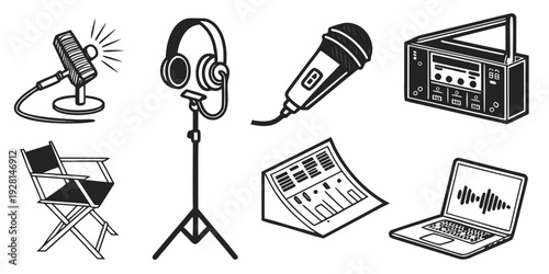 Illustrations of various media equipment and devices including a camera, microphone, and laptop. Vector