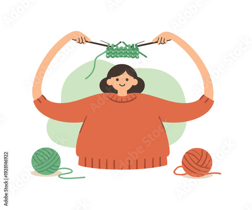 Bright person knits with yarn, long arms extending as needles lift and a new stitch is formed | knitting yarn, flat vector /