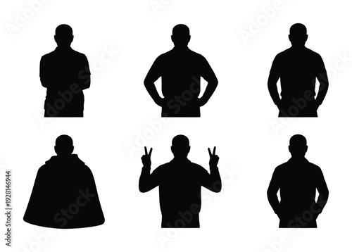 A vector of six men in various poses displayed as black silhouettes for use as placeholders