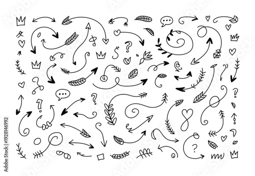 A vector featuring a dense collection of hand-drawn arrows, hearts, crowns, and leaves in a whimsical swirling pattern