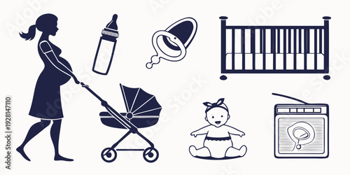 A mother with a stroller and baby bottle walking towards a crib and baby clothes Vector