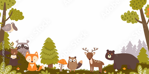 Cute woodland creatures gather amongst trees and foliage