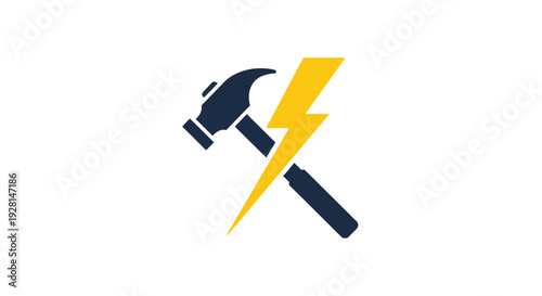 Hammer with lightning bolt graphic symbol.