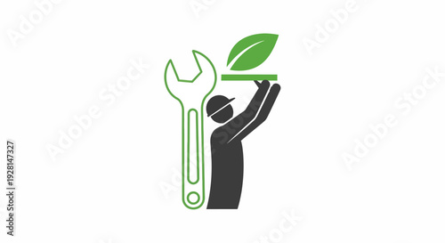 Hand holding green leaf and wrench.