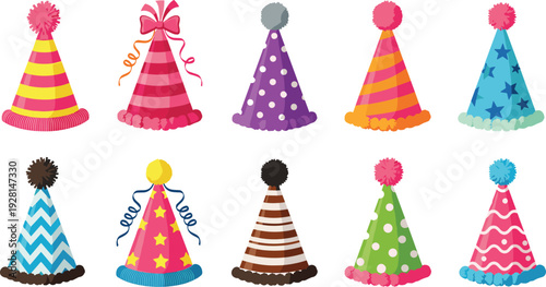 Colorful party hats vector collection with festive birthday cone caps for celebration, kids party, and event design