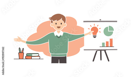 Bright student presents a school project, long arms stretching as a key point is shown clearly | student school project