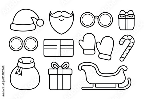 A vector illustration of various Christmas icons including a Santa hat and beard, gifts, a sleigh, and candy canes