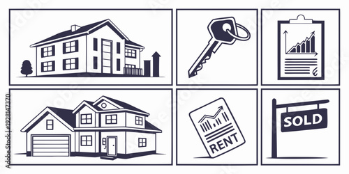 Illustrations of various aspects of the housing market and real estate industry Vector