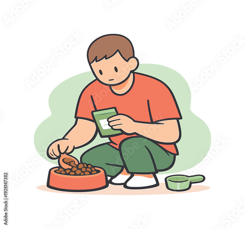 Fresh person checks pet food in a bowl, reading labels and measuring portions while a scoop rests nearby by the counter calmly up