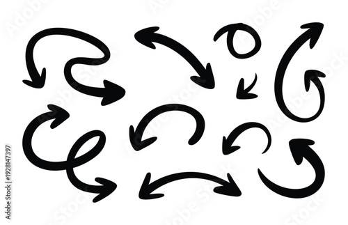 A vector of various curved arrows pointing in different directions with a bold black line style