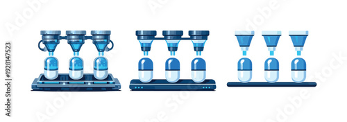 Assembly line of health metaphor visualized as a symbolic synthesis device where purity and precision suggest safe drug creation,