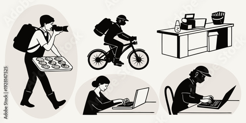 Illustrations of people engaged in various activities and using different objects Vector