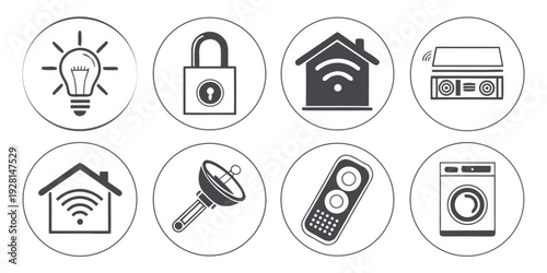 Assorted icons representing various aspects of home security and automation Vector