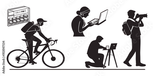 A group of people engaged in various activities on a city street. Vector