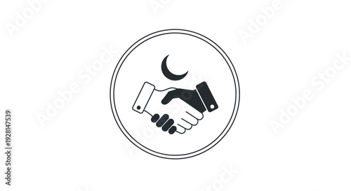 Handshake Illustration with Crescent Moon Symbol.
