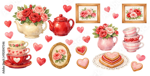 A charming watercolor collection of Valentine tea decor, featuring blooming roses in teapots, heart motifs, striped cups, sweet cookies, and delicate framed florals.