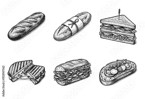 Vintage hand drawn engraving style collection of sandwiches and bread loaves featuring baguettes club sandwich panini and open faced toast
