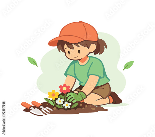 Sunny child plants colorful flowers in soil outdoors, kneeling by a small bed as tools rest nearby and leaves sway gently softly!