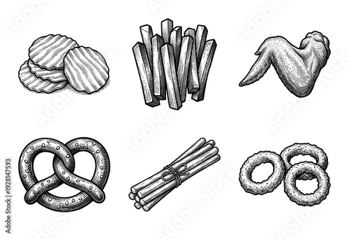 Set of hand drawn snack food illustrations featuring potato chips french fries chicken wing pretzel breadsticks and onion rings in a vintage woodcut engraving style.