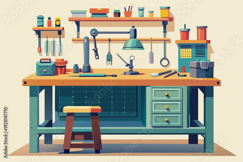 Organized workshop bench with tools, shelves, and lamp in vibrant colors for creative crafting and diy projects